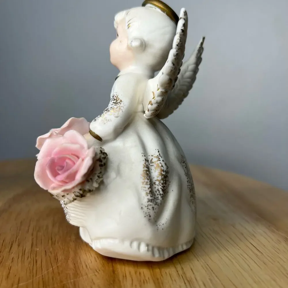 Vintage Lefton June Birthday Angel Blue Sash Pink Flowers Porcelain 3332